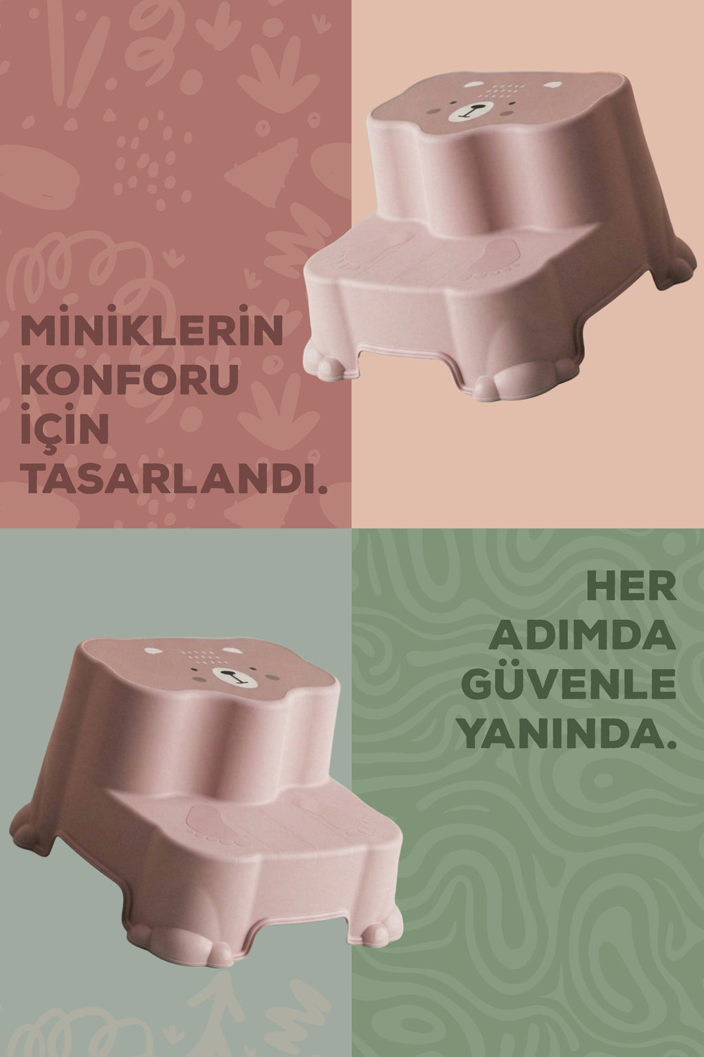 Kaydırmaz Çocuk Basamağı - Çift Katlı Banyo Merdiven Yükseltici Bebek Basamağı -Pembe