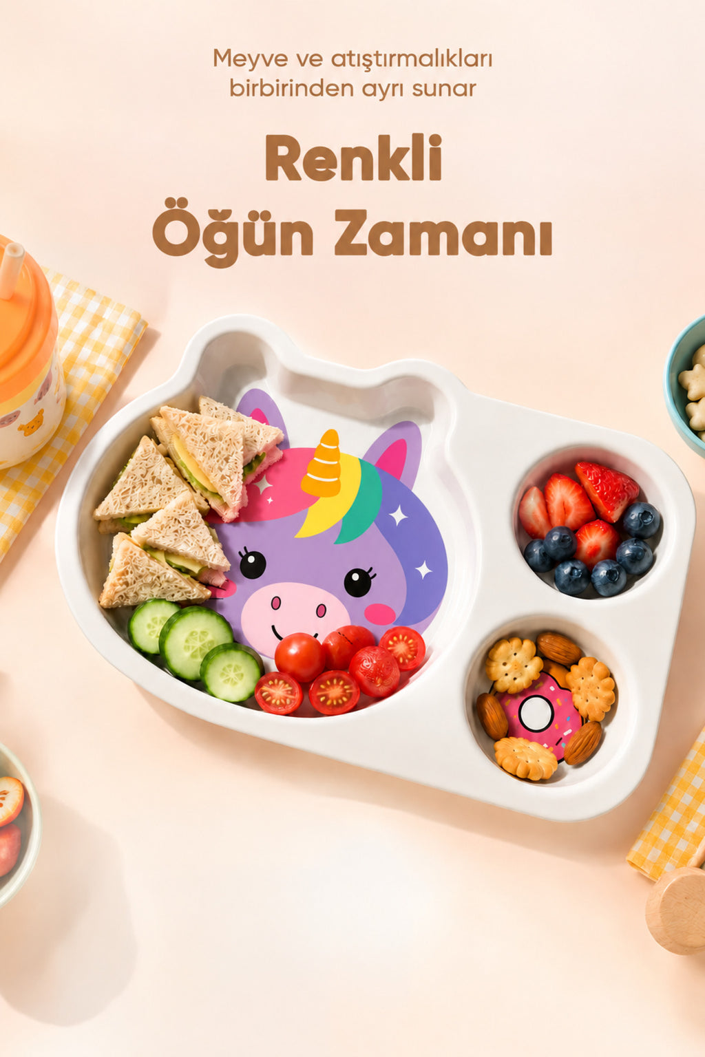 3 Bölmeli Hayvan Desenli Melamin Çocuk Tabağı-Ekstra Dayanıklı BPA Free Beslenme Tabağı- Unicorn