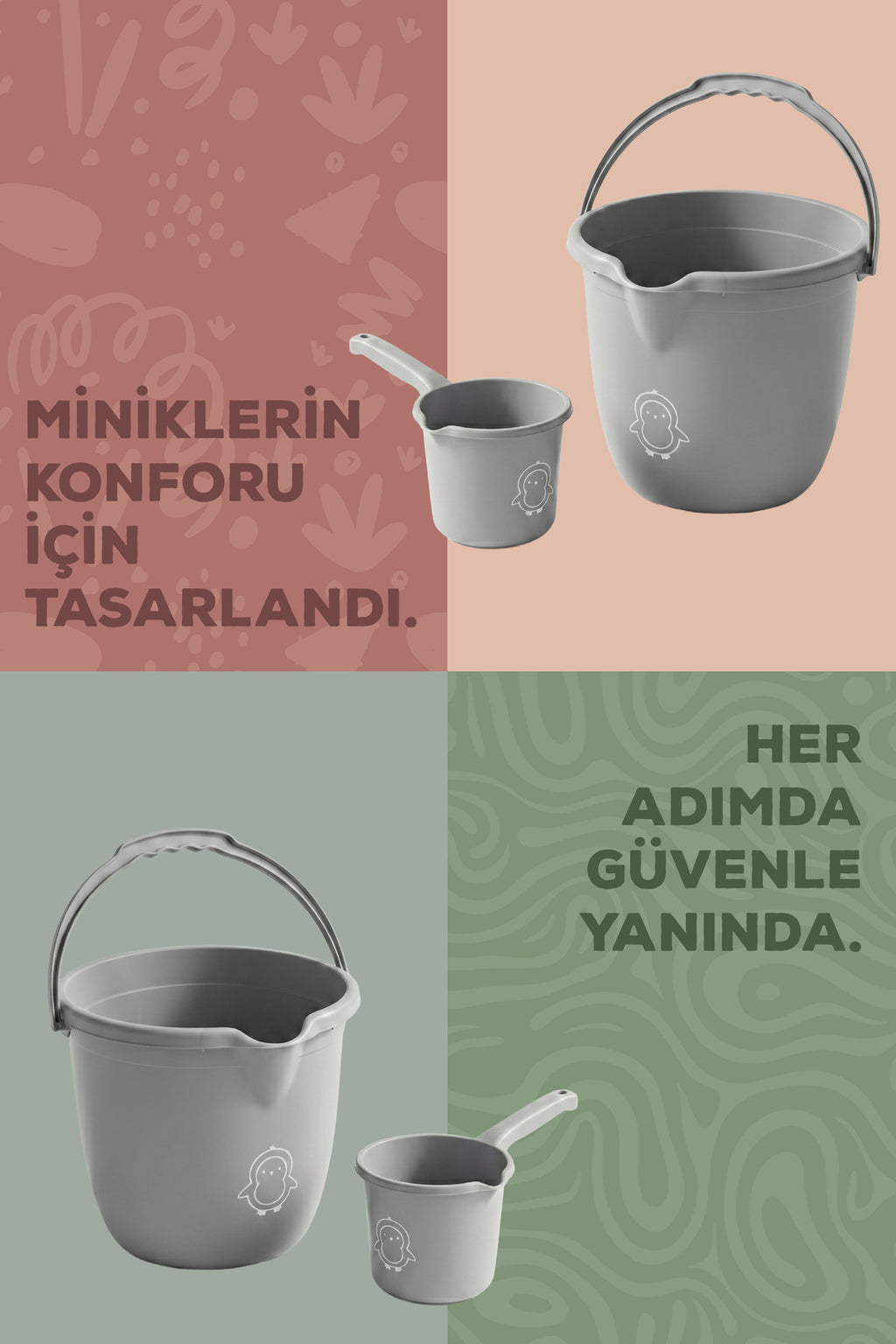 2'li Bebek Banyo Yıkama Seti - Bebek Banyo Su Kovası - Bebek Maşrapa - Gri