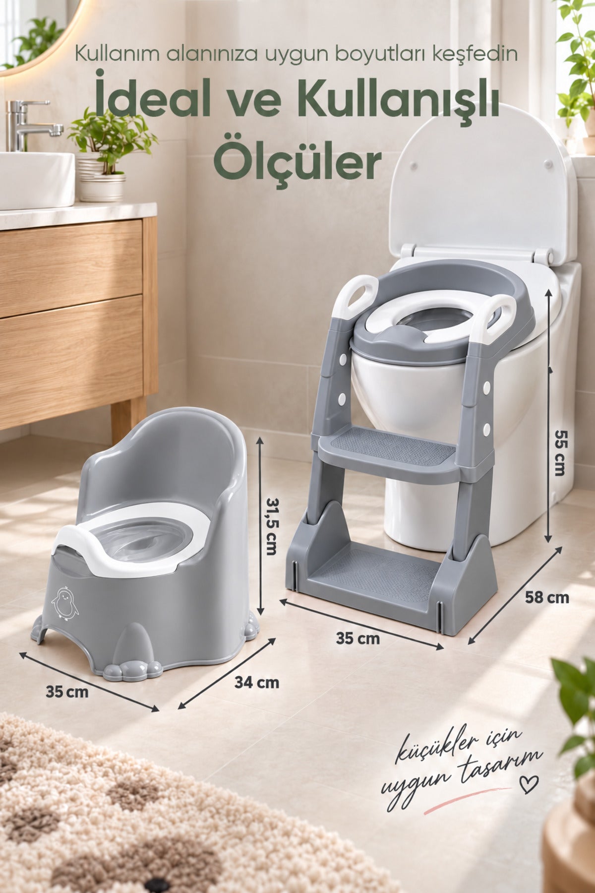 2'li Tuvalet Eğitim Seti Basamaklı Adaptör ve Lazımlık wumboo-color-gri