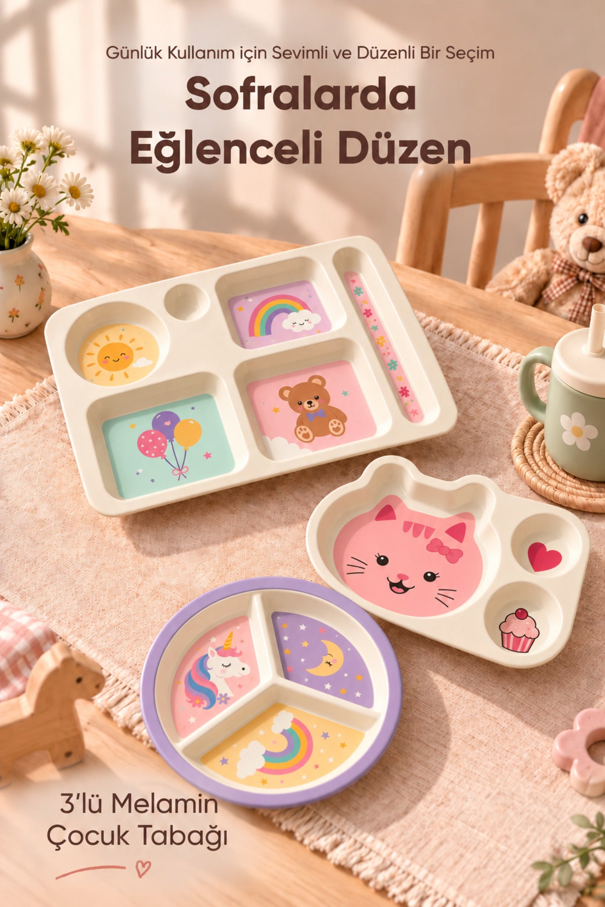 3'lü Melamin Çocuk Tabağı - Ekstra Dayanıklı BPA Free Beslenme Seti- Kırılmaz Çocuk Beslenme Tabağı - BSH-157