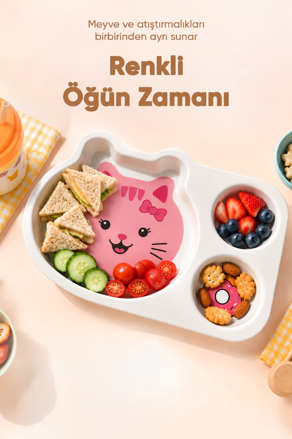3 Bölmeli Hayvan Desenli Melamin Çocuk Tabağı-Ekstra Dayanıklı BPA Free Beslenme Tabağı- Pembe Kedi