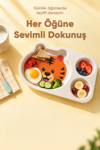 3 Bölmeli Hayvan Desenli Melamin Çocuk Tabağı-Ekstra Dayanıklı BPA Free Beslenme Tabağı- Kaplan