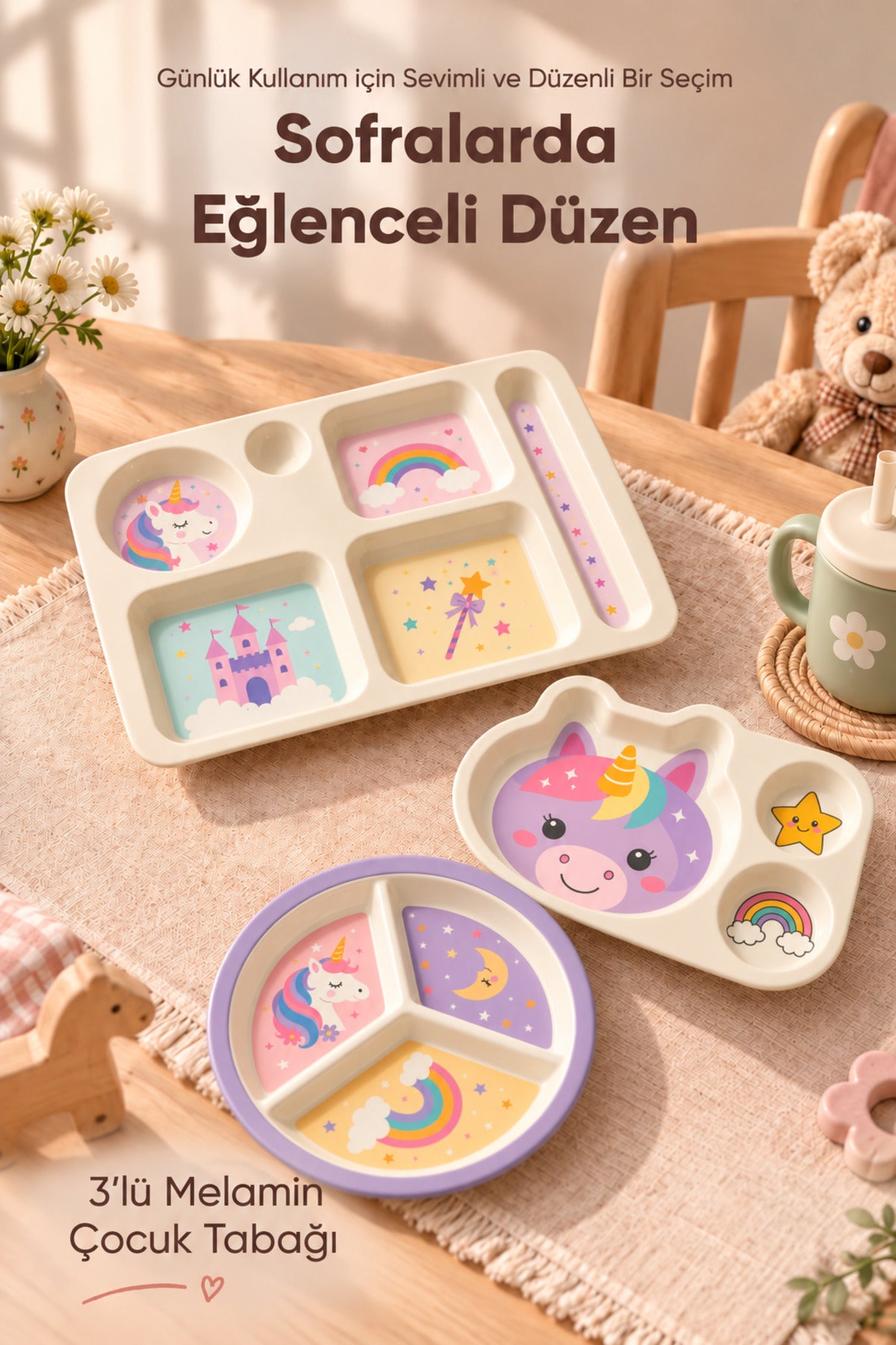 3'lü Melamin Çocuk Tabağı - Ekstra Dayanıklı BPA Free Beslenme Seti- Kırılmaz Çocuk Beslenme Tabağı - BSH-155