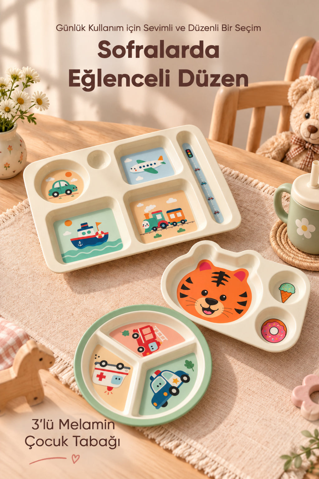 3'lü Melamin Çocuk Tabağı - Ekstra Dayanıklı BPA Free Beslenme Seti- Kırılmaz Çocuk Beslenme Tabağı - BSH-158