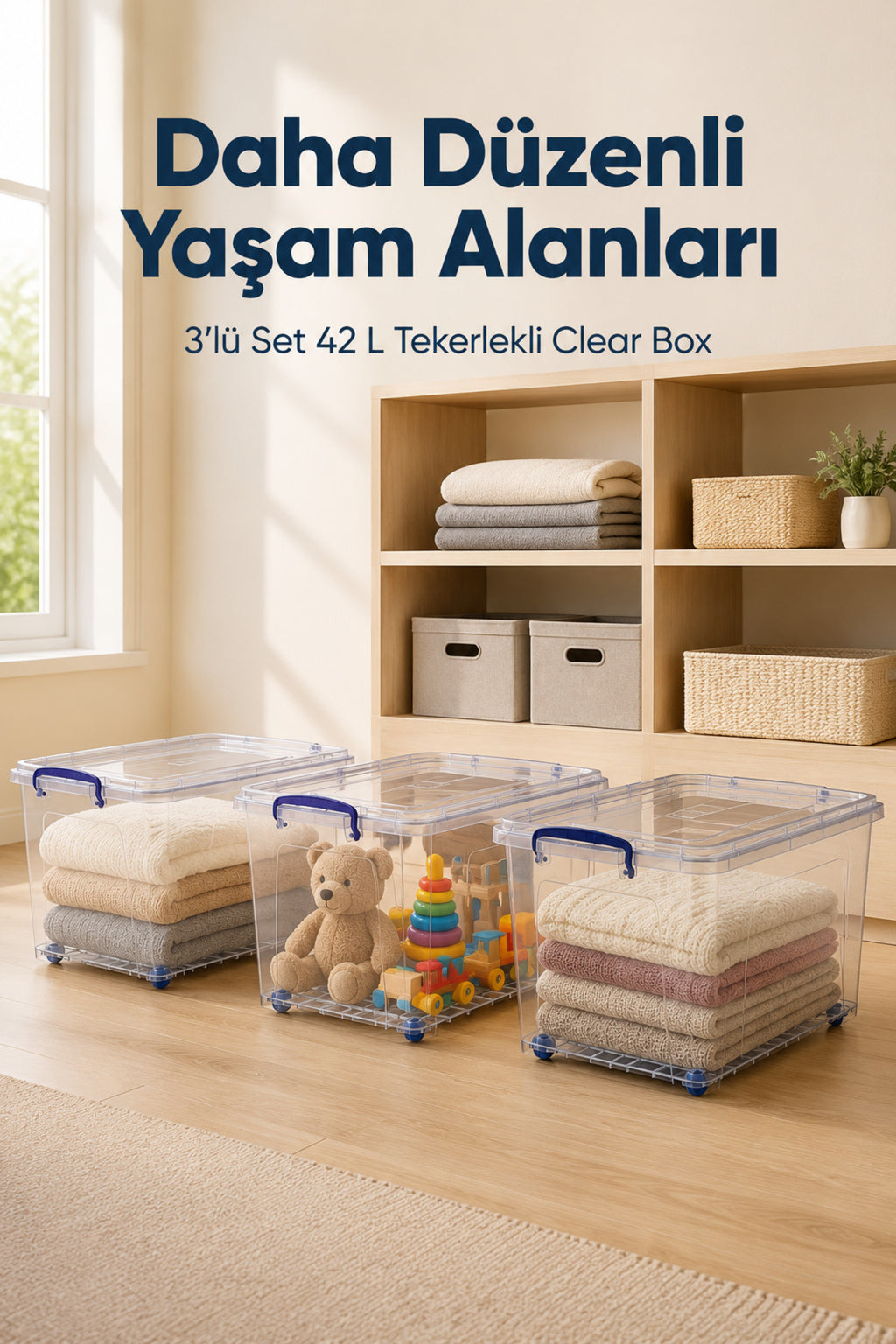 3'lü Tekerlekli 42 Lt Oyuncak Saklama Kutusu, Oyuncak Düzenleyici-Çocuk Odası Düzenleyici Organizer