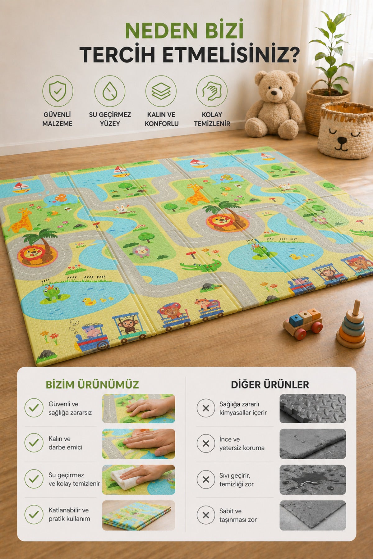 Katlanabilir Oyun Halısı ,Oyun Matı - Tek Taraflı Katlanır Mat, Oyun Matı 200x130 cm-Yeşil Yol