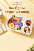 3 Bölmeli Hayvan Desenli Melamin Çocuk Tabağı-Ekstra Dayanıklı BPA Free Beslenme Tabağı- Unicorn