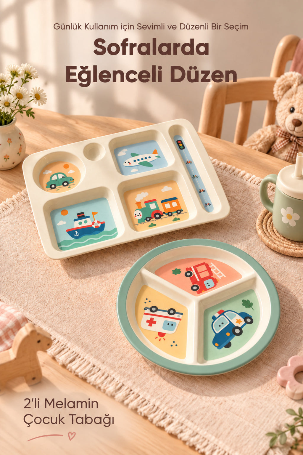 2'li Melamin Çocuk Tabağı - Ekstra Dayanıklı BPA Free Beslenme Seti- Kırılmaz Çocuk Beslenme Tabağı - BSH-161