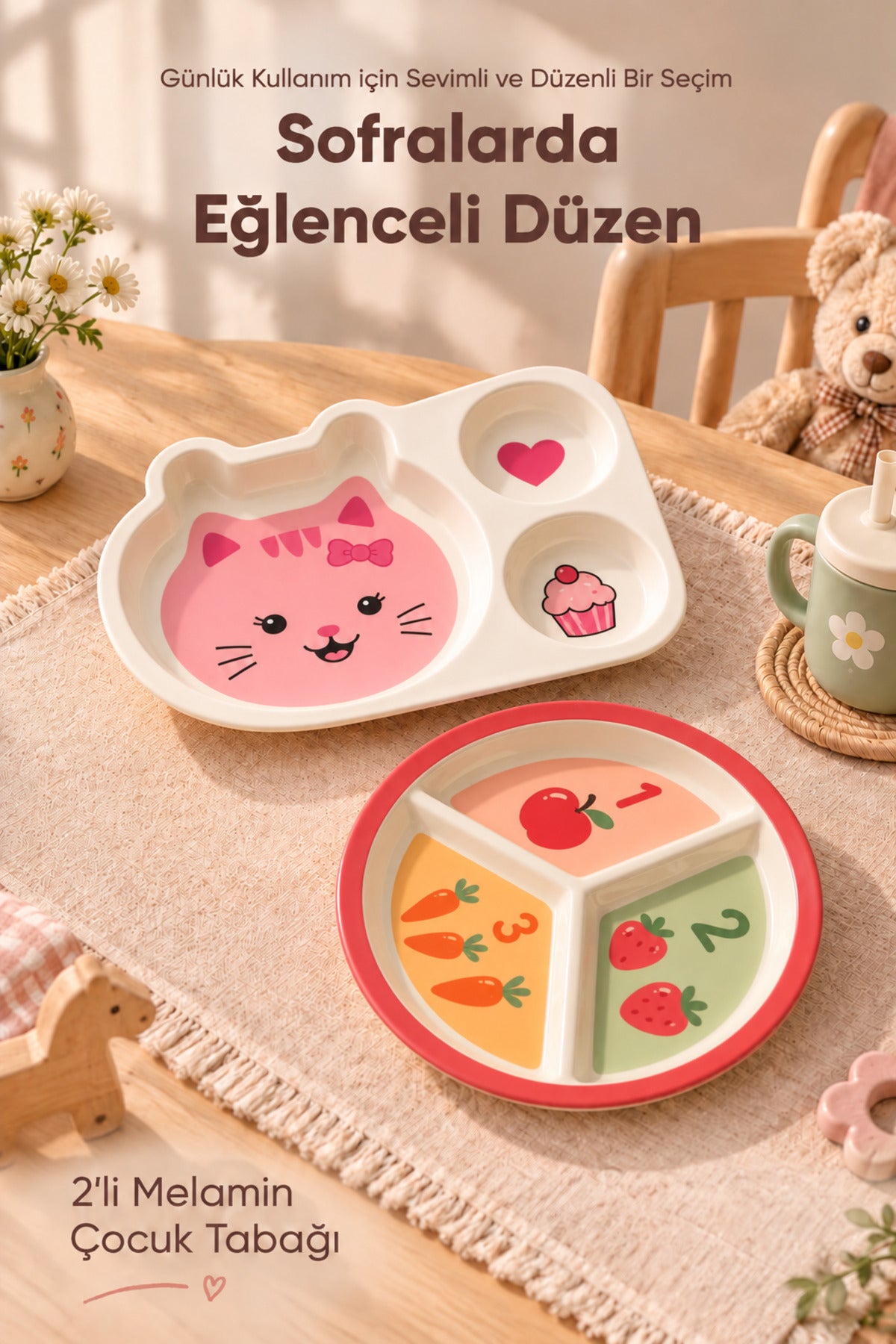 2'li Melamin Çocuk Tabağı - Ekstra Dayanıklı BPA Free Beslenme Seti- Kırılmaz Çocuk Beslenme Tabağı - BSH-164