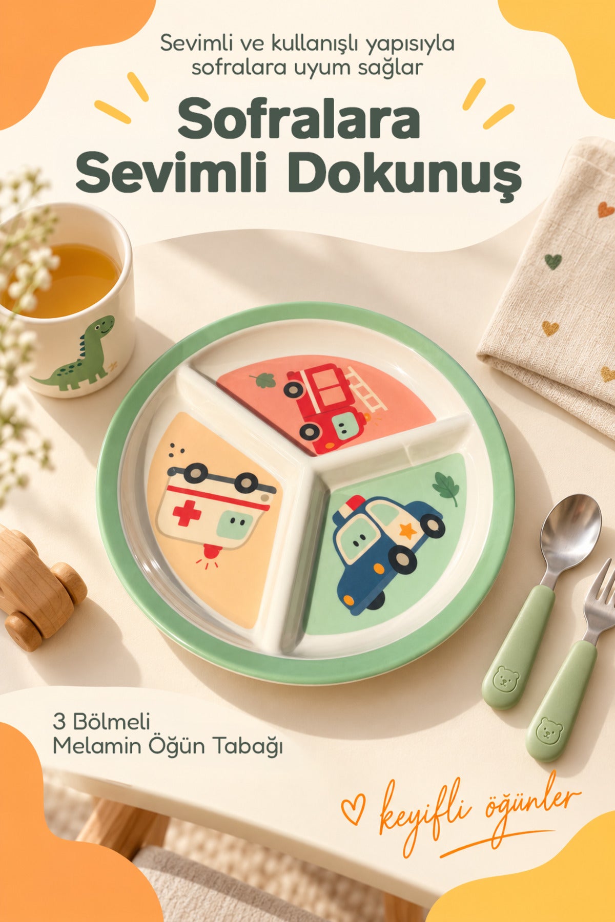 3 Bölmeli Melamin Çocuk Tabağı-Mama Tabağı-Ekstra Dayanıklı BPA Free Beslenme Tabağı- Araba
