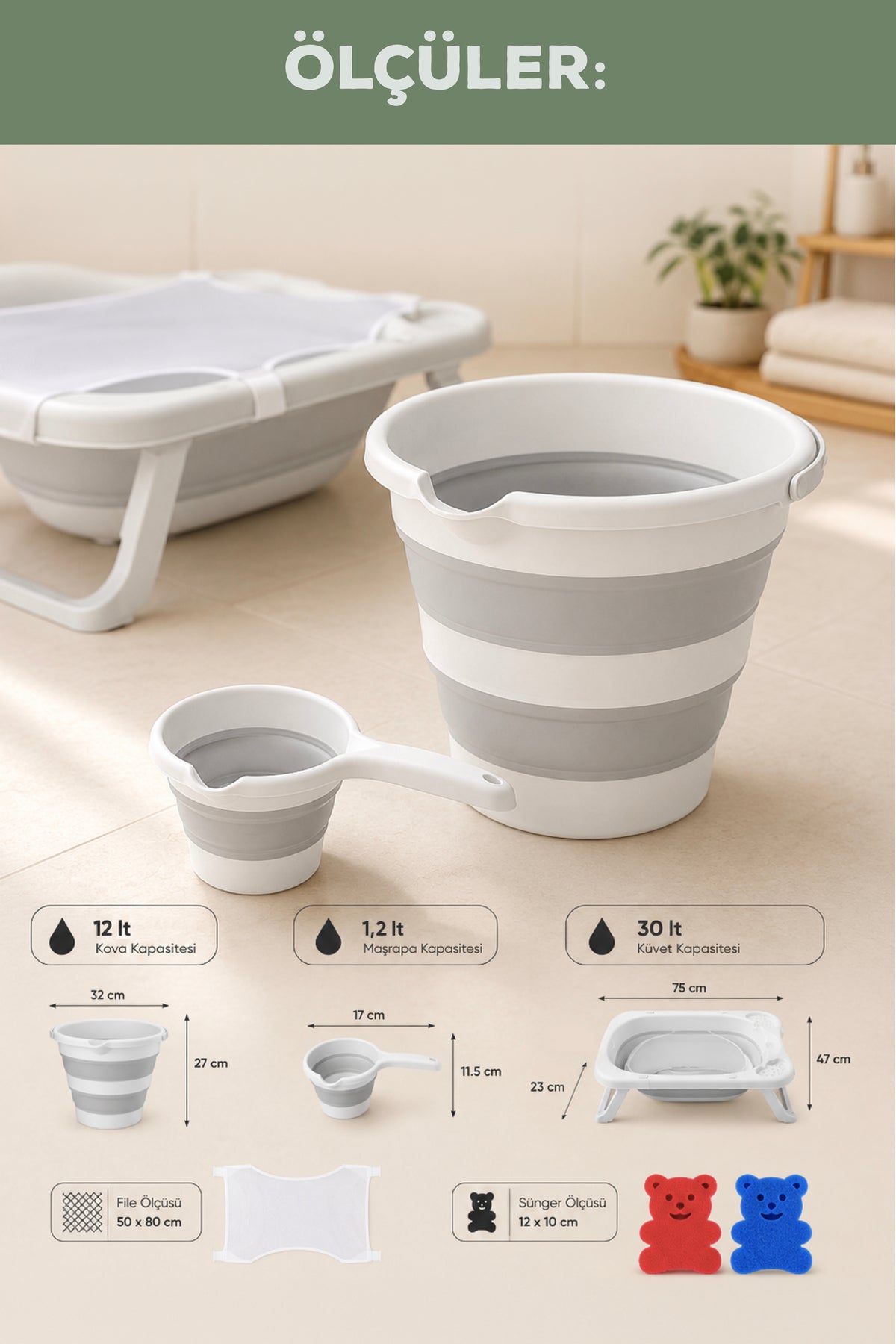 4^lü Katlanır Bebek Banyo Seti -Katlanır Bebek Küveti, Maşrapa,Kova Seti ,File, 2 Sünger Hediye-Gri