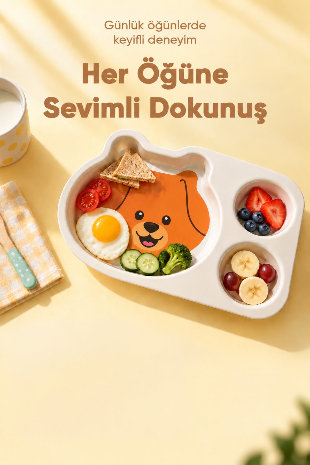3 Bölmeli Hayvan Desenli Melamin Çocuk Tabağı-Ekstra Dayanıklı BPA Free Beslenme Tabağı-Köpek