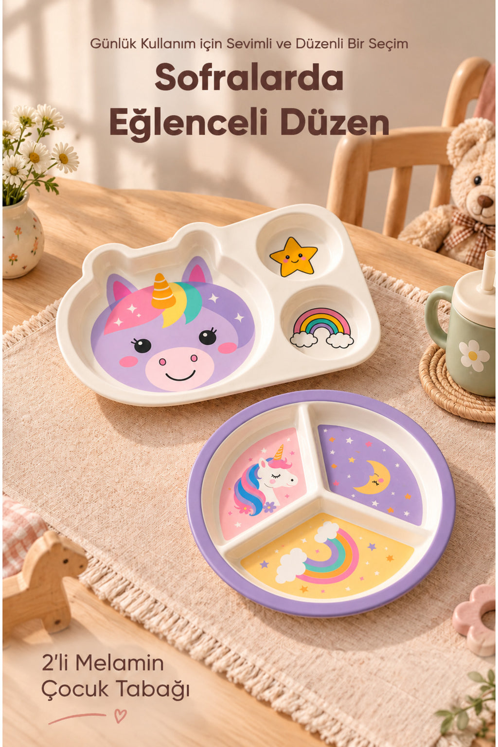 2'li Melamin Çocuk Tabağı - Ekstra Dayanıklı BPA Free Beslenme Seti- Kırılmaz Çocuk Beslenme Tabağı - BSH-162