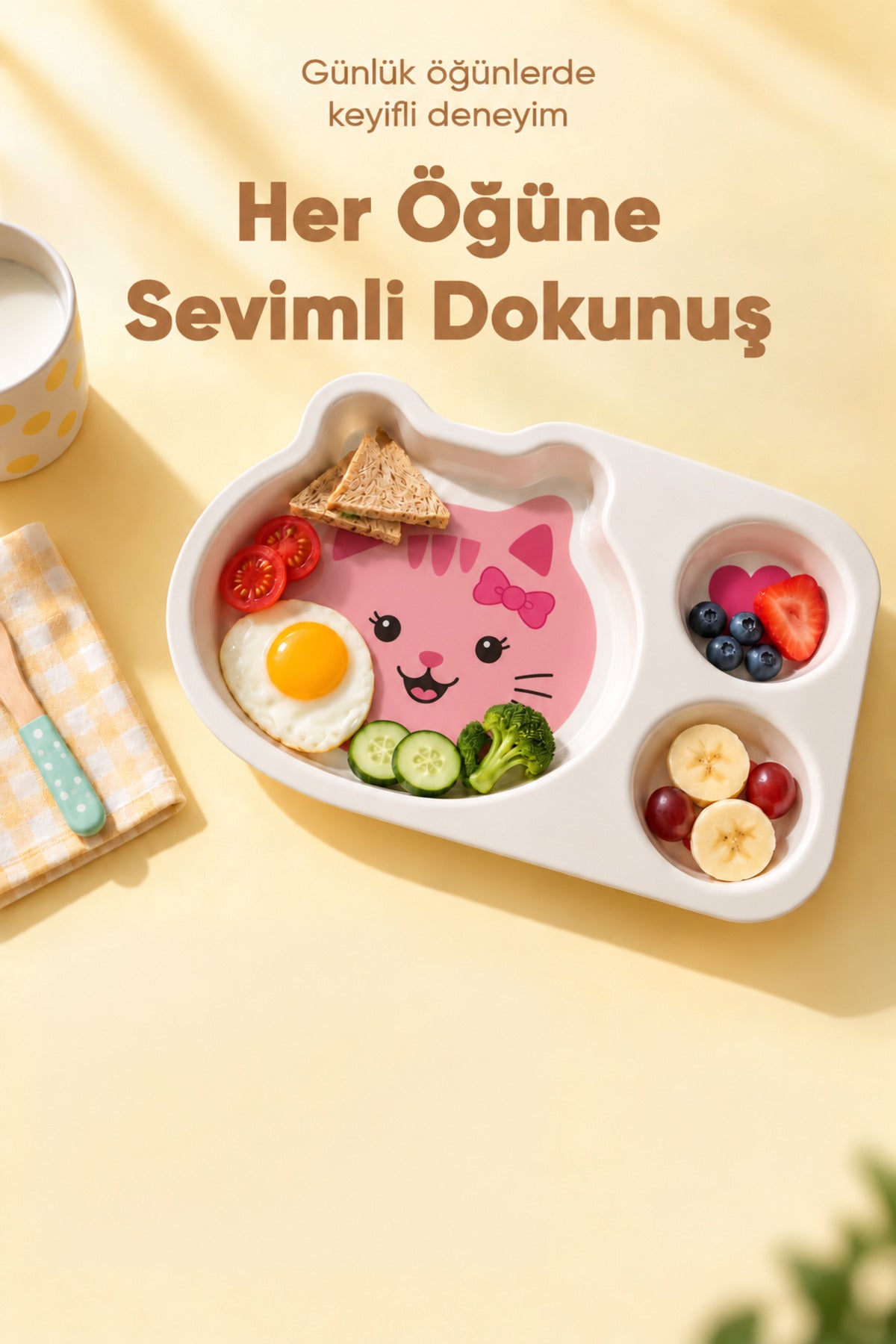 3 Bölmeli Hayvan Desenli Melamin Çocuk Tabağı-Ekstra Dayanıklı BPA Free Beslenme Tabağı- Pembe Kedi