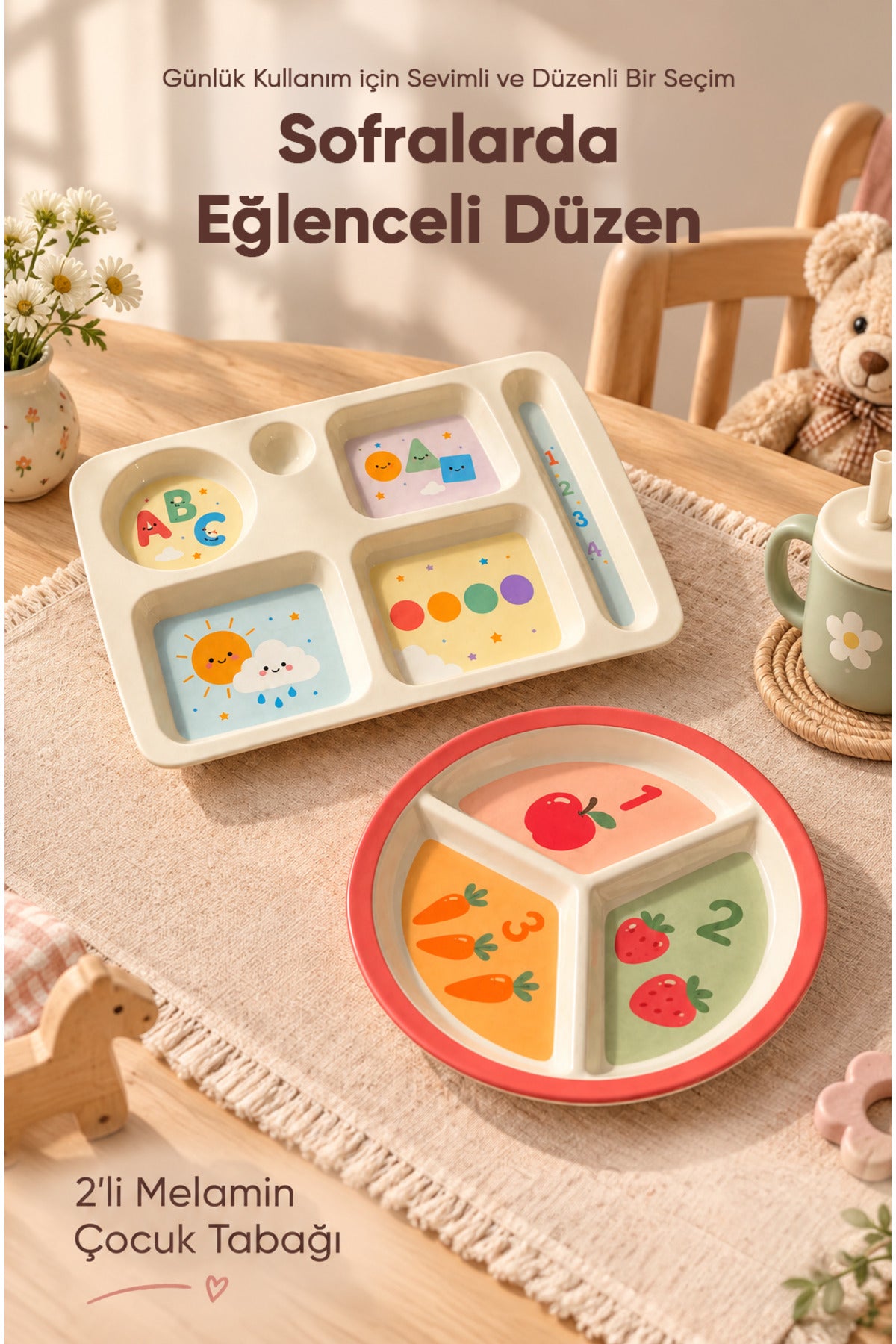 2'li Melamin Çocuk Tabağı - Ekstra Dayanıklı BPA Free Beslenme Seti- Kırılmaz Çocuk Beslenme Tabağı - BSH-159