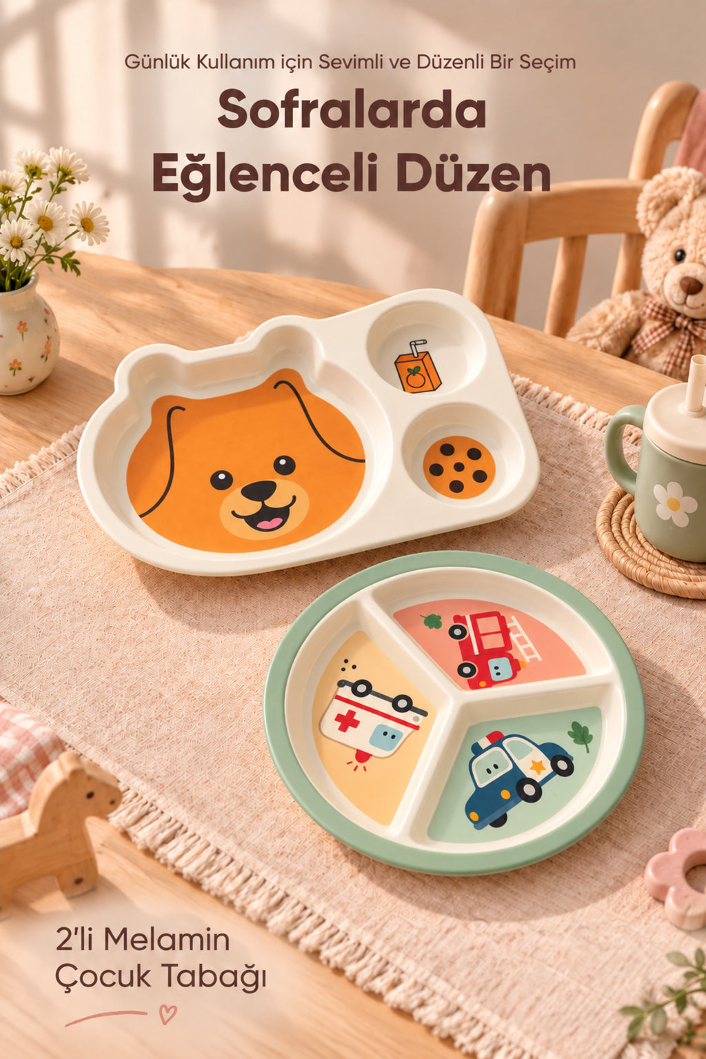 2'li Melamin Çocuk Tabağı - Ekstra Dayanıklı BPA Free Beslenme Seti- Kırılmaz Çocuk Beslenme Tabağı - BSH-163