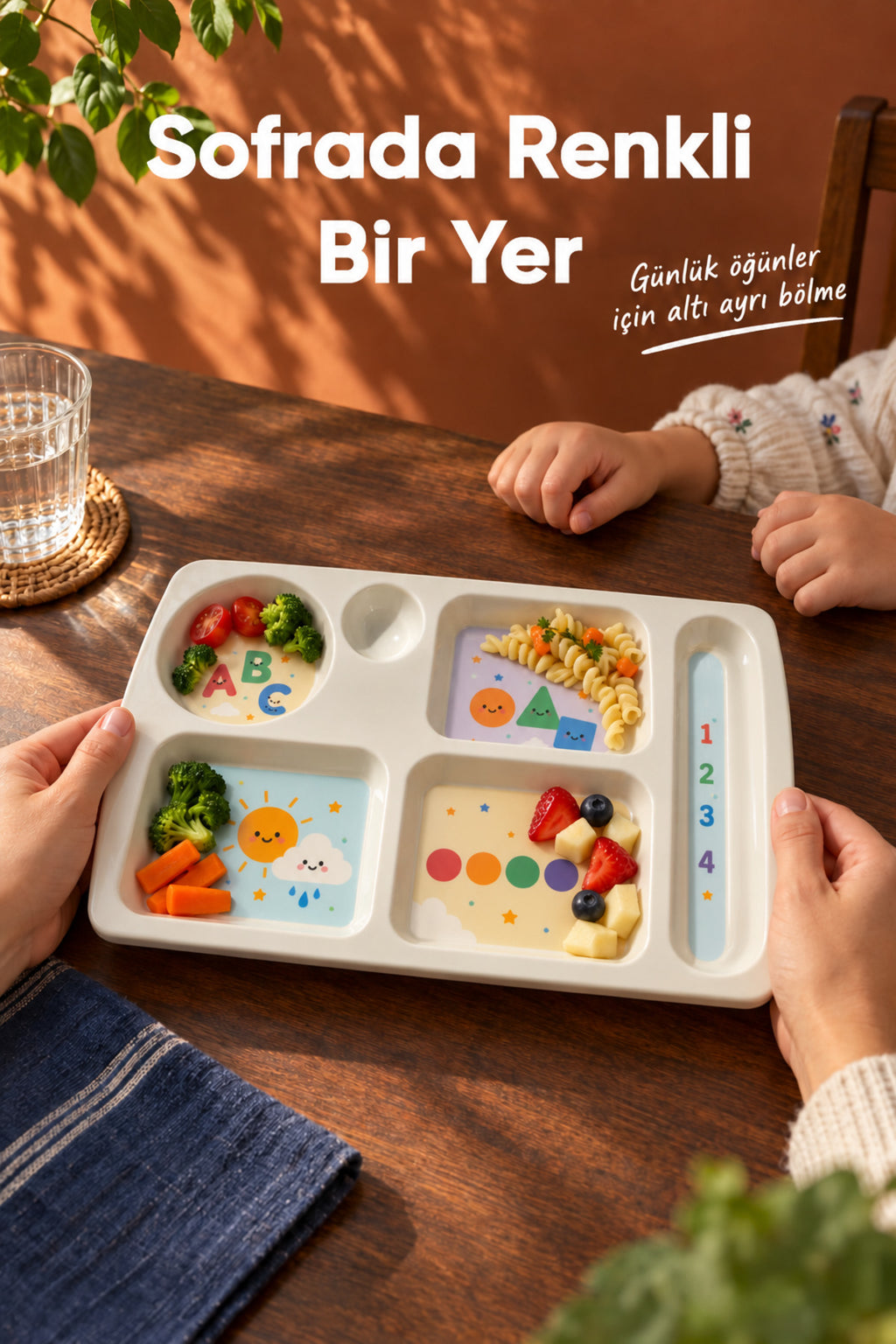 6 Bölmeli Melamin Çocuk Tabağı-Ekstra Dayanıklı BPA Free Beslenme Tabağı-Eğitici Çocuk Tabağı