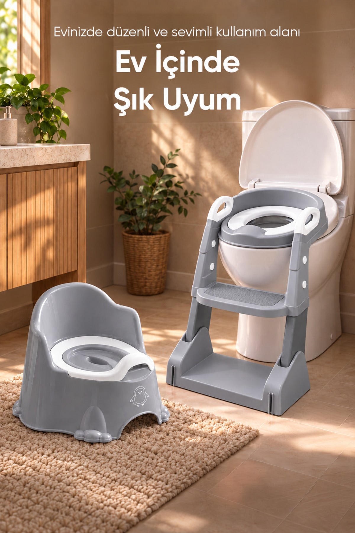 2'li Tuvalet Eğitim Seti Basamaklı Adaptör ve Lazımlık wumboo-color-gri