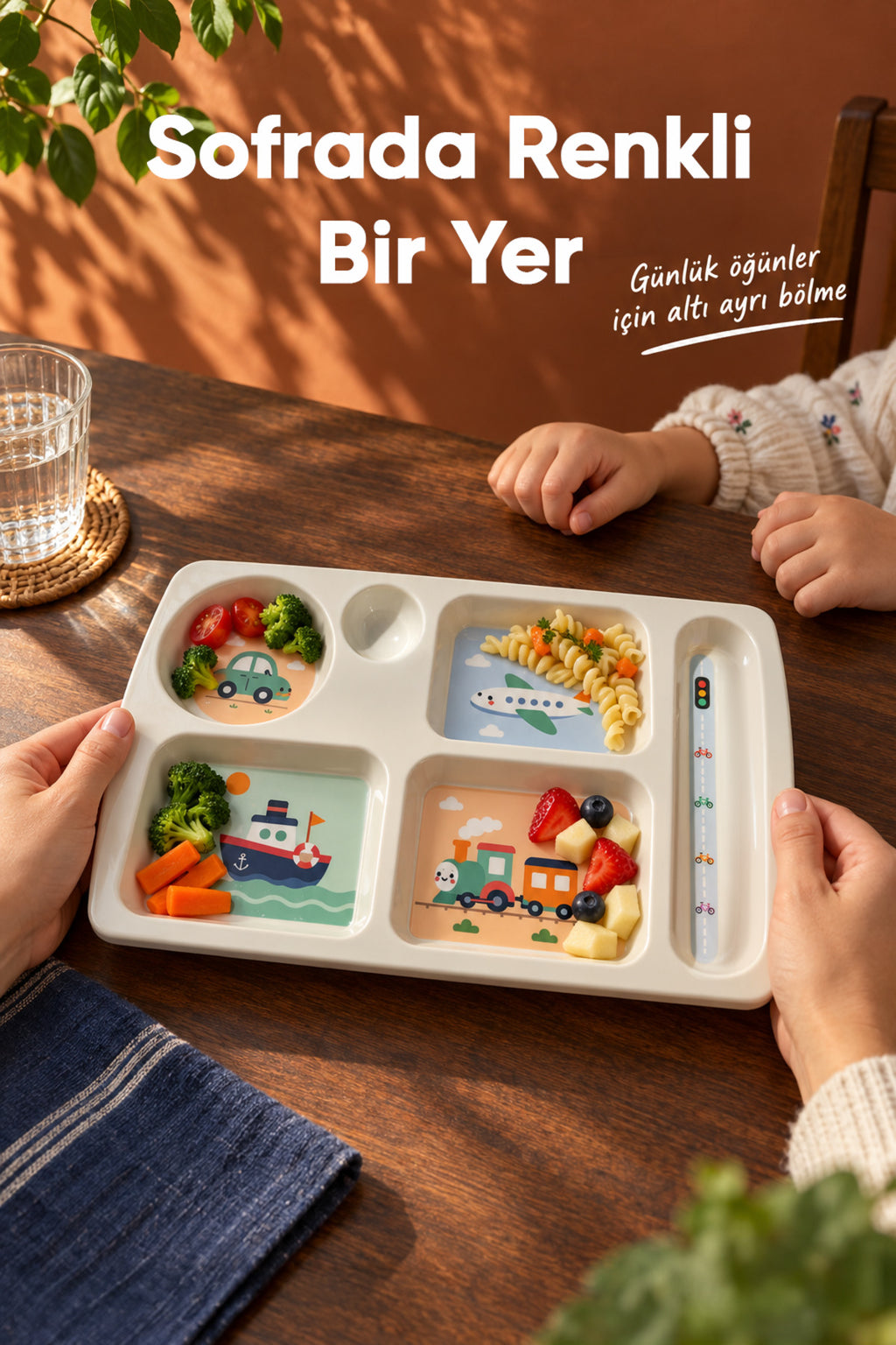 6 Bölmeli Melamin Çocuk Tabağı-Mama Tabağı-Ekstra Dayanıklı BPA Free Beslenme Tabağı- Araba