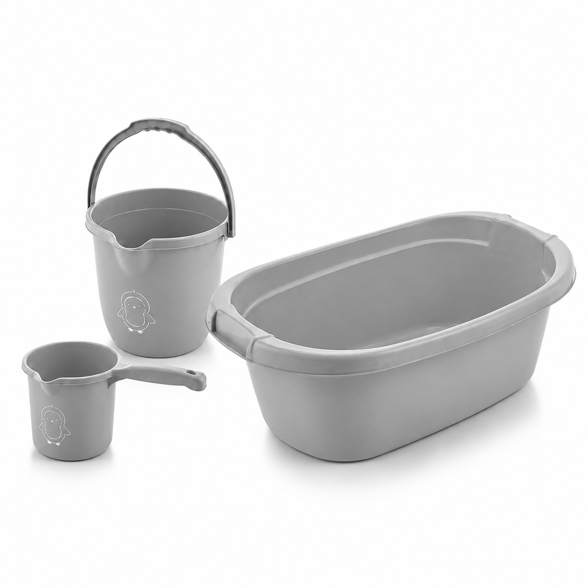 3’lü Bebek Banyo Yıkama Seti - 40 Litre Bebek Yıkama Küveti - Bebek Banyo Su Kovası - Maşrapa Gri dekupe wumboo-color-gri